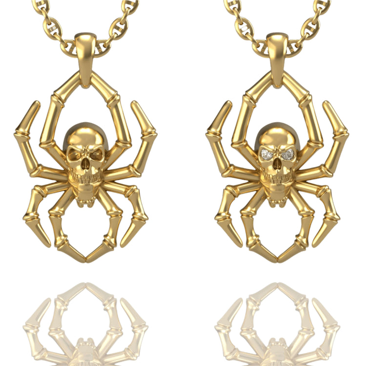 The 14k Gold Spider Skull Pendant is a unique piece of skull jewelry, featuring an intricate spider and skull design—an eye-catching gold necklace for those who love bold, detailed accessories.