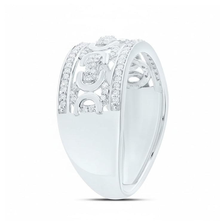 The 1/3 CT Natural Diamond Men’s Ring in Sterling Silver features a bold, wide band with rows of diamonds and interlocking double-G motifs, all set in the distinctive P1 design against a plain white background.