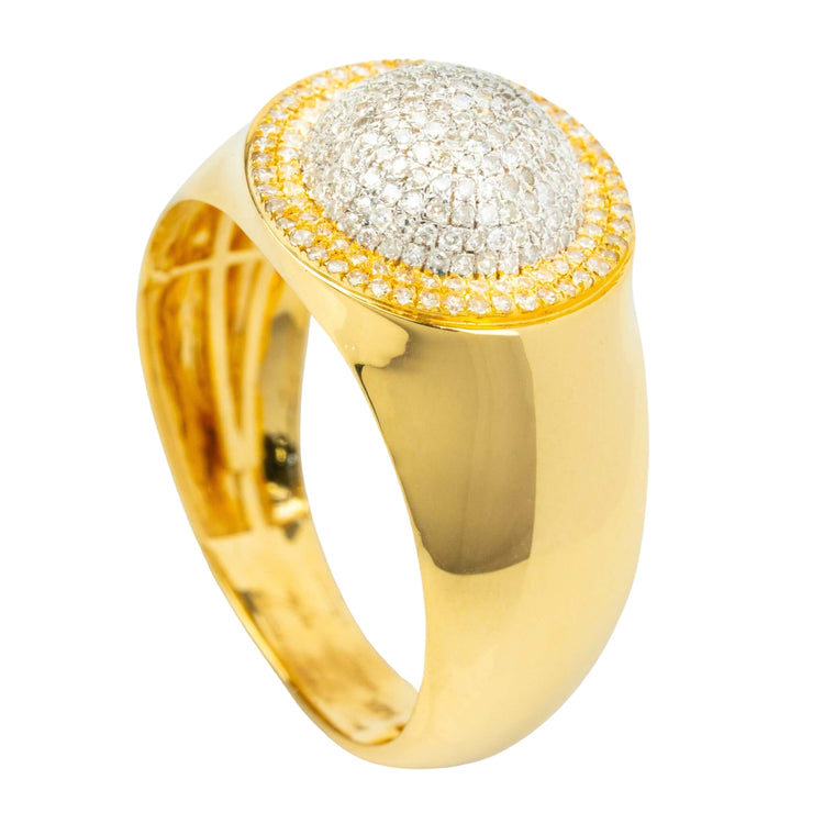 The 0.49 CTW Cluster Round Natural Diamond Ring features a wide band and a dome-shaped top with sparkling natural diamonds arranged in concentric circles, all beautifully set in luxurious 14k yellow gold.