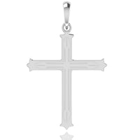 A silver cross pendant with etched lines and pointed edges, hanging from a small bail, is displayed on a white background—a bold alternative to the 14k Gold Decorative Cross Pendant.
