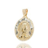 The Saint Lazarus Circular Pendant – 14K Solid Gold Men’s Pendant showcases a detailed religious figure in the center, bordered by textured gold, all set against a white background.