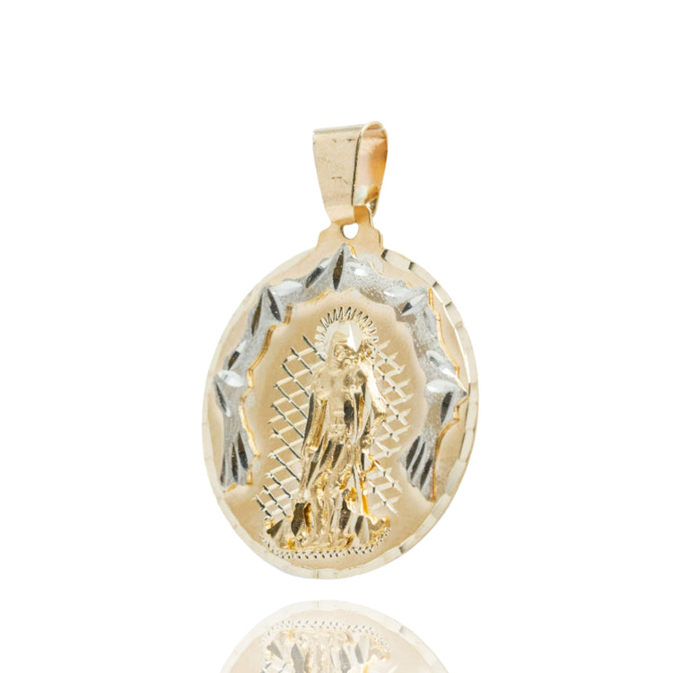 The Saint Lazarus Circular Pendant – 14K Solid Gold Men’s Pendant showcases a detailed religious figure in the center, bordered by textured gold, all set against a white background.