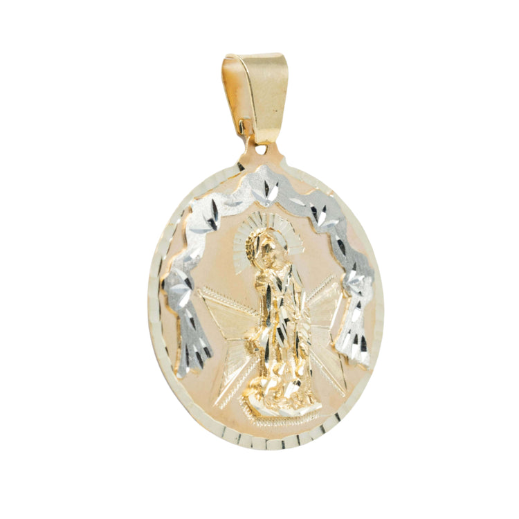 The St. Lazarus Round Ornamental Pendant is a men’s pendant in 10k solid gold, featuring an engraved Virgin Mary with a halo beneath an arched design on a round medallion with a textured border and top loop.