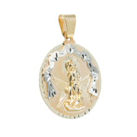 The St. Lazarus Round Ornamental Pendant is a men’s pendant in 10k solid gold, featuring an engraved Virgin Mary with a halo beneath an arched design on a round medallion with a textured border and top loop.