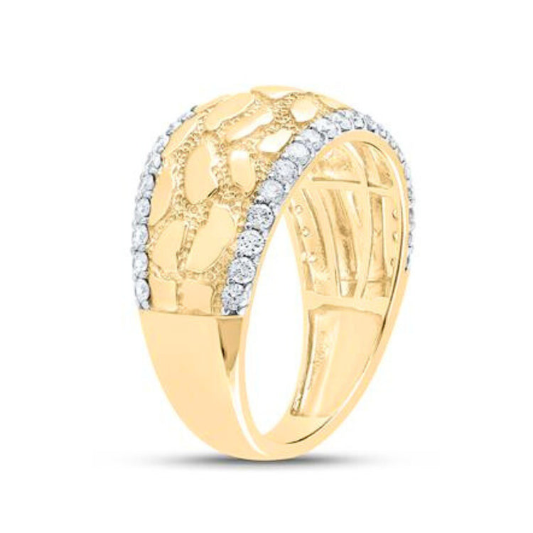 The 10k Yellow Gold Diamond Nugget Band Ring 3/4 Cttw features a textured, irregular pattern with diamond-accented borders, creating a striking and unique addition to any jewelry collection.