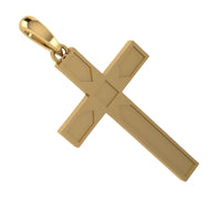 The 14k Gold Beveled Cross Pendant features a modern geometric design with beveled edges and a top loop for attaching to a chain, shown on a white background.