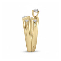 The 10k Gold Diamond Matching Wedding Ring Set features a split shank design with three round diamonds at varying heights on a polished band marked 10K—ideal for those seeking unique matching wedding rings.