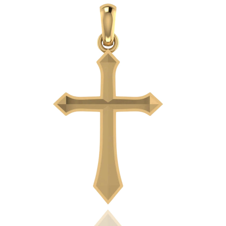 The 14k Gold Classic Cross Pendant features beveled edges and pointed tips, suspended from a matching gold bail and shown against a plain white background.
