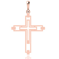 The 14k Gold Modern Geometric Cross Pendant features a rose gold finish, geometric cutout design, and a smooth bail for easy attachment to a chain.