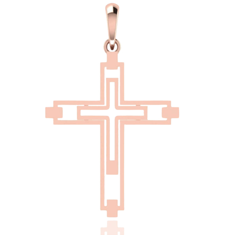 The 14k Gold Modern Geometric Cross Pendant features a rose gold finish, geometric cutout design, and a smooth bail for easy attachment to a chain.