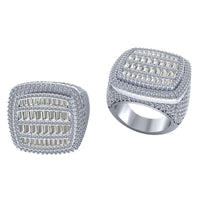 The Cushion Baguette Diamond Ring – 6.07 CT Gold Design is a bold silver square-shaped ring with multiple rows of lab-grown rectangular and round diamonds, featuring intricate details and a shiny layered finish.