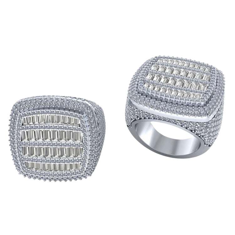 The Cushion Baguette Diamond Ring – 6.07 CT Gold Design is a bold silver square-shaped ring with multiple rows of lab-grown rectangular and round diamonds, featuring intricate details and a shiny layered finish.