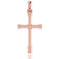 The 14k Gold Cylindrical Cross Pendant features smooth edges and decorative ridges at each arm’s end, displayed against a white background.