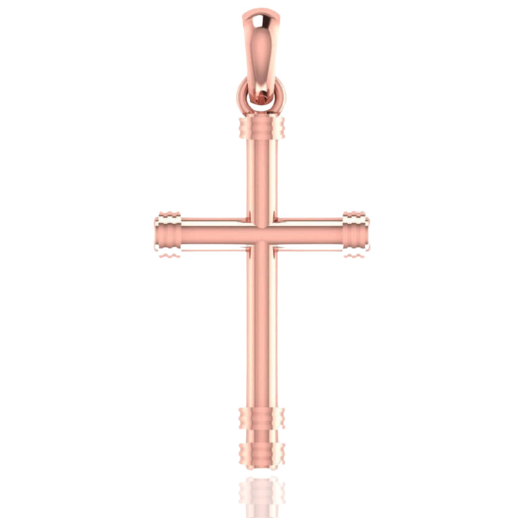 The 14k Gold Cylindrical Cross Pendant features smooth edges and decorative ridges at each arm’s end, displayed against a white background.