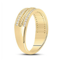 The 14K Yellow Gold Diamond Rope Inlay Band 1/3 Cttw features two rows of sparkling diamonds separated by a textured, raised rope inlay. It boasts a smooth inner surface and a contemporary, elegant design.