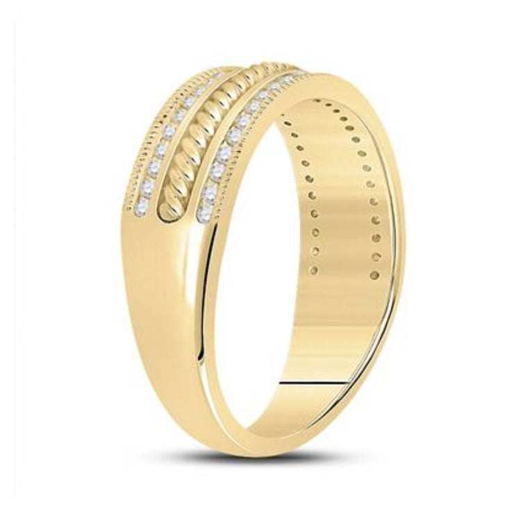 The 14K Yellow Gold Diamond Rope Inlay Band 1/3 Cttw features two rows of sparkling diamonds separated by a textured, raised rope inlay. It boasts a smooth inner surface and a contemporary, elegant design.