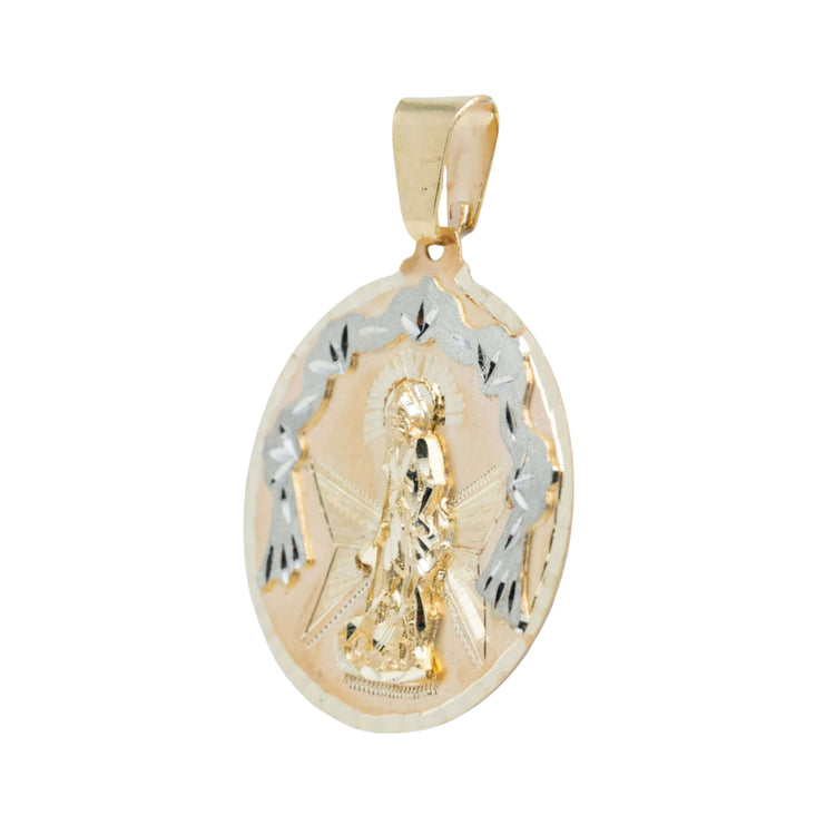 St. Lazarus Round Ornamental Pendant for men is crafted in 10k solid gold, featuring a detailed engraved design and a gold bail, perfect for attaching to your favorite necklace.