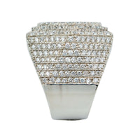 The Iced-Out Octagon Cluster Ring - 6.04 CT - 14k White Gold features multiple rows of sparkling diamonds in a layered, step-like design, photographed on a plain white background.