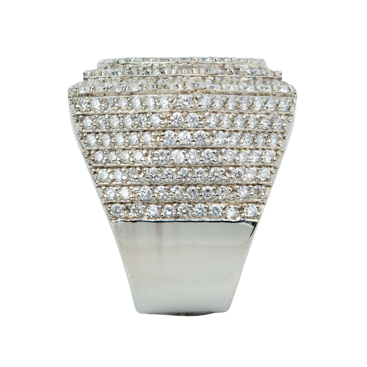 The Iced-Out Octagon Cluster Ring - 6.04 CT - 14k White Gold features multiple rows of sparkling diamonds in a layered, step-like design, photographed on a plain white background.