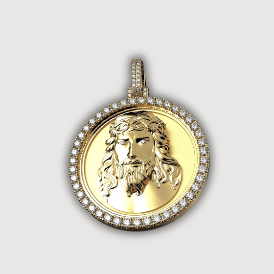 14K Gold Diamond Jesus Face Round Pendant with intricate detailing, highlighted against lustrous gold, ideal for faith and style.