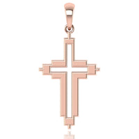 The 14k Gold Geometric Frame Cross Pendant features clean lines, stepped edges, a layered design, and a smooth bail for easy attachment—an ideal piece of modern gold jewelry.