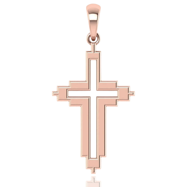 The 14k Gold Geometric Frame Cross Pendant features clean lines, stepped edges, a layered design, and a smooth bail for easy attachment—an ideal piece of modern gold jewelry.