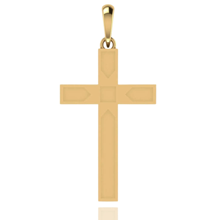 The 14k Gold Beveled Cross Pendant features a rectangular bail and is shown against a white background.
