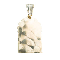 The St. Lazarus Men's Pendant is crafted in 10K solid gold, featuring an ornate top edge and rectangular lower half with circular etched patterns and a stamped OK 3P mark. The bail at the top allows for easy attachment to a chain.