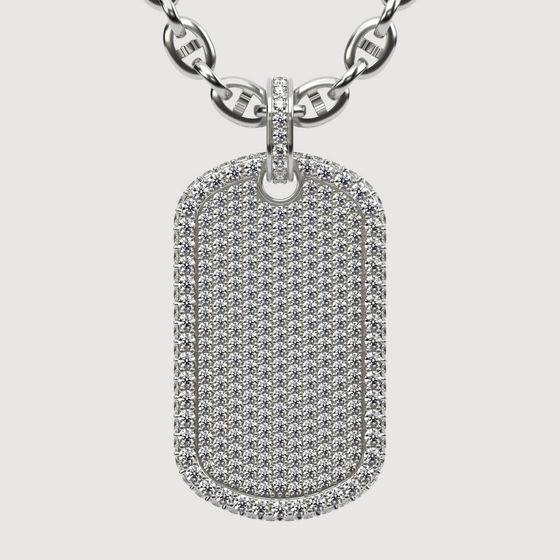 Luxurious 14K gold diamond dog tag pendant with 2.87 CTW diamonds, showcasing intricate craftsmanship and striking shine.