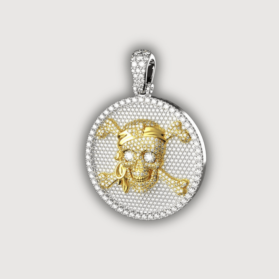 Luxurious 14K gold pirate pendant encrusted with diamonds, featuring an intricate skull design, symbolizing edgy style and resilience.