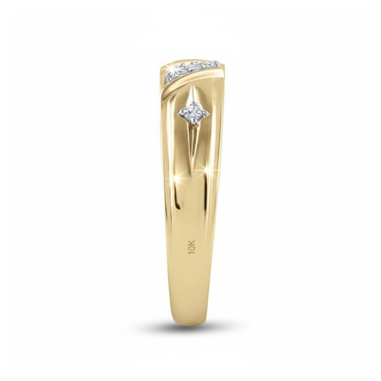 The 10k Gold Diamond Matching Wedding Ring Set features a polished yellow gold band engraved with 10K, a central diamond, and small accent diamonds, creating an elegant pair of rings ideal for any wedding.