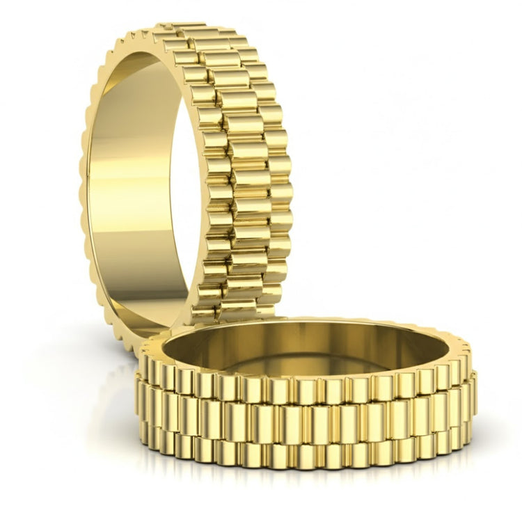 The 14k Gold Men's Link-Inspired Band Ring features a bold, modern look with a unique ridged, gear-like texture—shown here upright and flat on a white background.