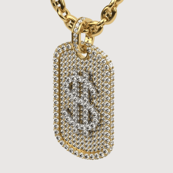 14K gold diamond dollar sign dog tag pendant with sparkling natural diamonds, symbolizing luxury and style.