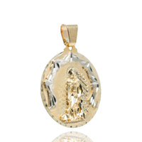14K solid gold Saint Lazarus circular men's pendant with a raised image, textured border, and reflective finish, photographed on a white background.