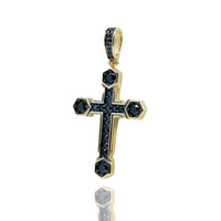 The Black Cross with CZ Pendant – 10K Gold for Men features black gemstones and hexagonal accents, a matching bail, and is shown on a white background with a subtle reflection.
