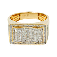 The 0.73 CTW Natural Diamond Cluster Ring in 14K yellow gold features a rectangular top with natural baguette and round diamonds in a wavy cluster, bordered by a pavé of smaller natural diamonds.