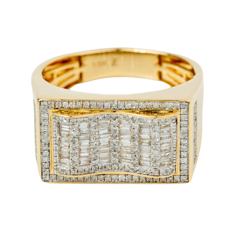 The 0.73 CTW Natural Diamond Cluster Ring in 14K yellow gold features a rectangular top with natural baguette and round diamonds in a wavy cluster, bordered by a pavé of smaller natural diamonds.
