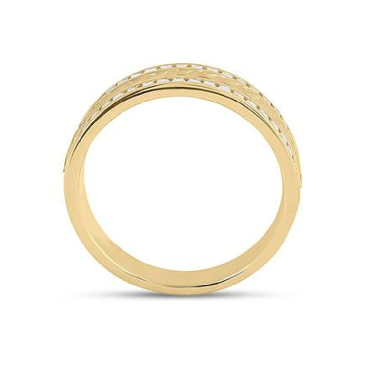 The 14k Gold Diamond Braided Wedding Band Ring (1/2 Cttw) features a polished yellow gold finish and textured, diamond-cut braided pattern, showcased from a side view against a white background.