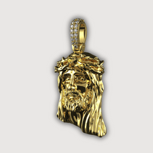  14K Gold Jesus Face Pendant with Diamond Bail, featuring intricate details and a luxurious polished finish.