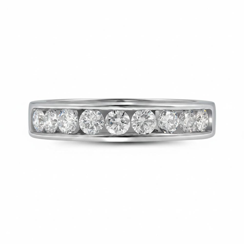The 14k Gold Round Diamond Wedding Channel Set Band (1 Cttw) features seven round diamonds in a sleek channel setting, elegantly arranged in a shimmering row.