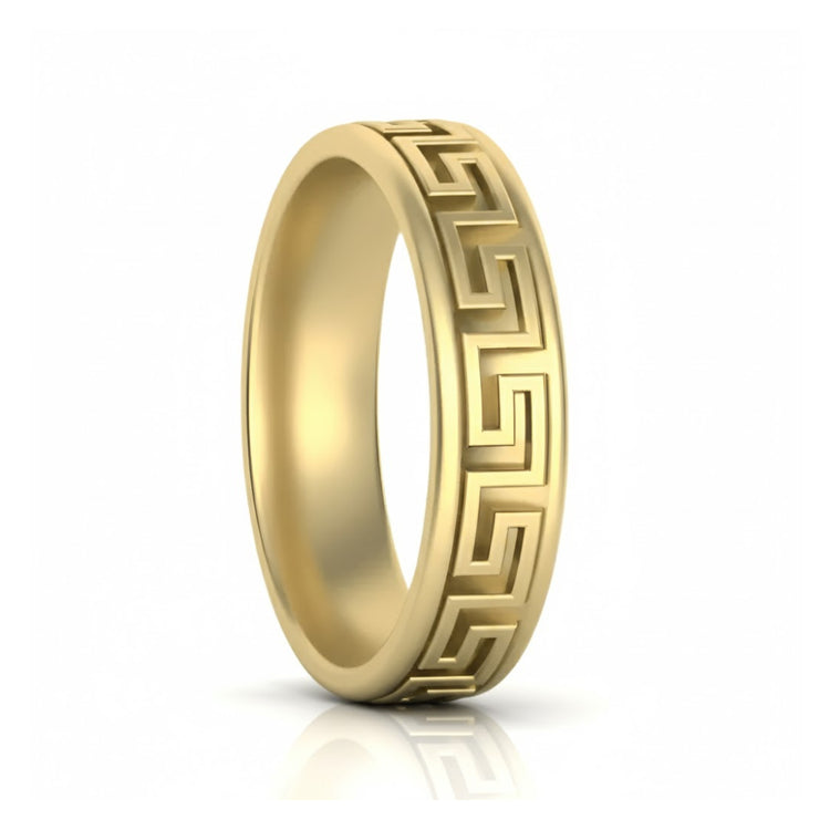 The 14k Gold Men's Greek Key Band Ring features a polished finish and an engraved Greek key pattern, shown against a plain white background.