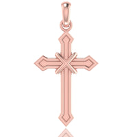 The 14k Gold Arrow-Point Cross Pendant features beveled edges, a central X-shaped design, and a bail, crafted in rose gold for an elegant and meaningful jewelry piece.