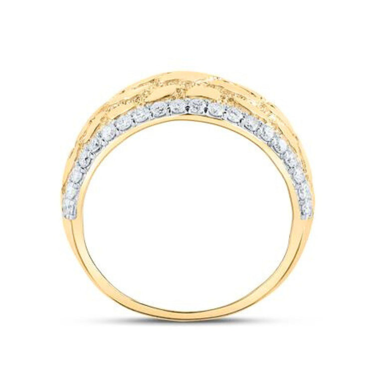 The 10k Yellow Gold Diamond Nugget Band Ring 3/4 Cttw features a textured nugget design and a curved row of clear, round-cut diamonds along the top half.
