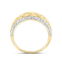 The 10k Yellow Gold Diamond Nugget Band Ring 3/4 Cttw features a textured nugget design and a curved row of clear, round-cut diamonds along the top half.
