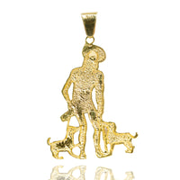 The Saint Lazarus Pendant – 14K Gold Men’s Pendant features a textured design of Saint Lazarus standing and walking two small dogs, one on each side, displayed against a white background.