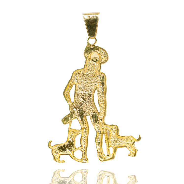 The Saint Lazarus Pendant – 14K Gold Men’s Pendant features a textured design of Saint Lazarus standing and walking two small dogs, one on each side, displayed against a white background.