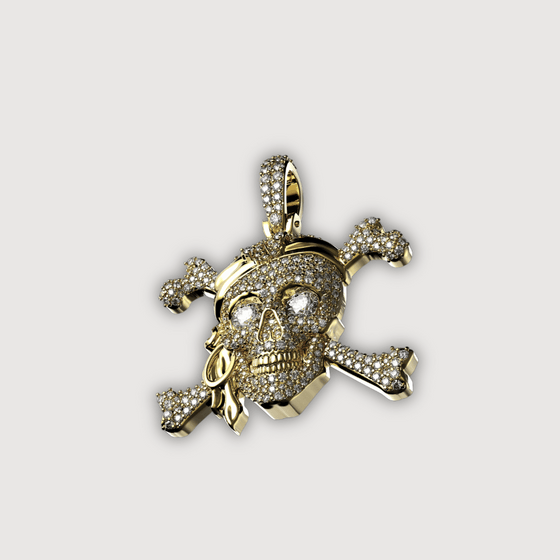 14K gold diamond pirate skull pendant with sparkling eyes and crossbones, designed for adventurous style and luxury seekers.