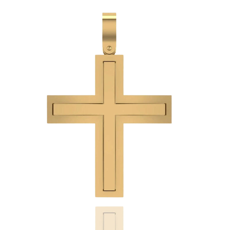 The 14k Gold Sleek Rectangular Cross Pendant features a modern, minimalist cross design with a smooth polished finish, shown against a white background.
