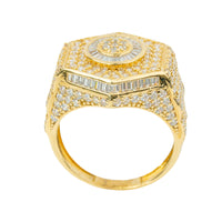 The Round Cluster Gold Ring, crafted in 10K gold and adorned with CZ stones, features a geometric design with round and baguette-cut settings plus an elegant raised circular center.