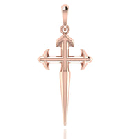 The 14k Gold Fleur-De-Lis Cross Pendant features flared, pointed ends and arrowhead-like tips, reminiscent of a classic fleur-de-lis design, and hangs from a small top loop—a striking piece of jewelry.